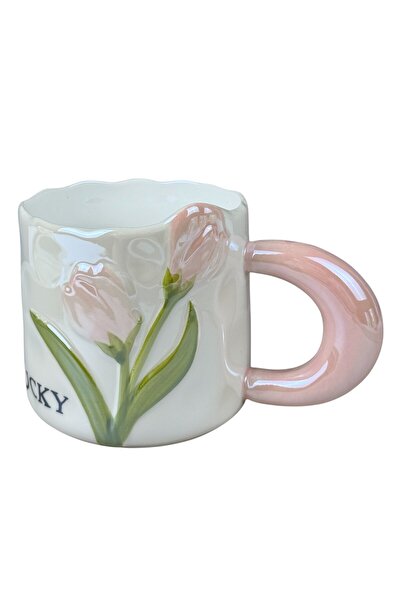 OEM  "Τυχερή Τουλίπα " λευκή κεραμική κούπα με ροζ τουλίπες και ροζ λαβή, 380 ml