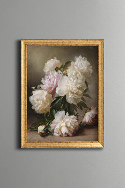 epiqart White Peony Bouquet – Vintage Patterned Frame – Slim Model