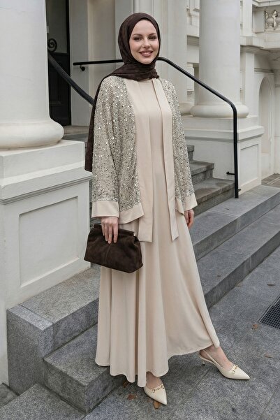 InStyle Μπεζ Φόρεμα με Διάτρητο Σχέδιο, Παγιέτες και Ζακέτα