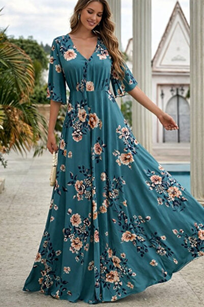 DRESSIFY WOMEN’S FASHION Γυναικείο κοντομάνικο φόρεμα με λαιμόκοψη V με λουλο...