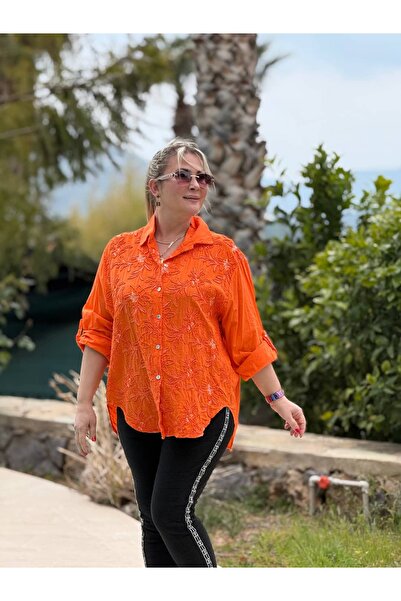 Punta Otantik Pt25005 Italian Front Embroidered Cotton Blouse Orange