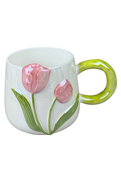 OEM Κεραμική κούπα  "3D Tulip " σε λευκό χρώμα, με ροζ τουλίπες και πράσινη λ...