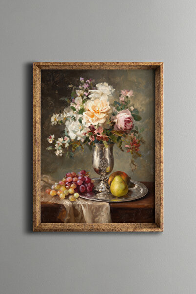 epiqart Flowers and Fruits in Silver Vase - Vintage Patterned Frame - Thin Model