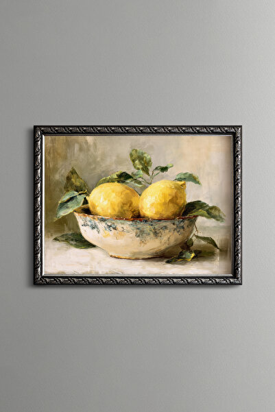 epiqart Sarı Limonlar ve Seramik Kase - Vintage Desenli Çerçeve - İnce Model