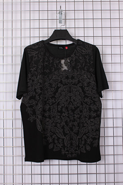 YXL COLLECTION Women's Plus Size Lycra Crew Neck Front Brode Patterned Short ...