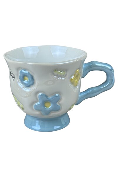 OEM Λευκή κεραμική κούπα με τρισδιάστατα λουλούδια, μπλε λουλούδια και παστέλ...