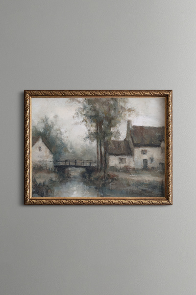 epiqart Köy Evi ve Köprü Manzarası - Vintage Desenli Çerçeve - İnce Model