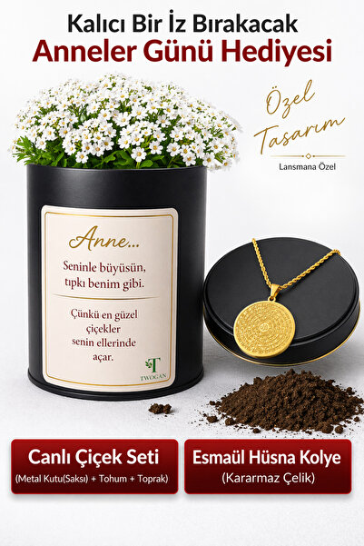 TWOGAN Anneler Günü Hediyesi, Esmaül Hüsna Çelik Kolye, Çiçek Ekim Seti, Topr...