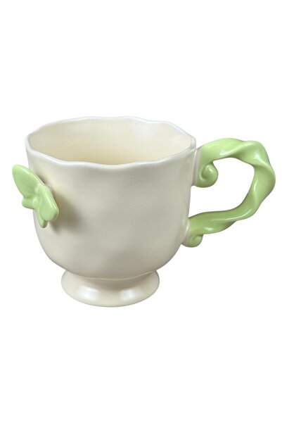 OEM Κεραμική κούπα  "Πεταλούδα " κρεμ με πράσινο, 430 ml