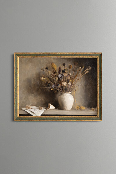 epiqart Vintage Vase and Dried Flowers - Vintage Patterned Frame - Slim Model