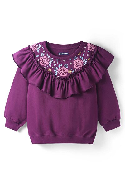 Pine kids Knit Full Sleeves Sweatshirt With Floral Embroidery - Violet