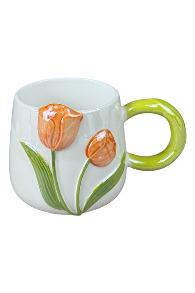 OEM Κεραμική κούπα  "3D Tulip " σε λευκό χρώμα, με πορτοκαλί τουλίπες και πρά...