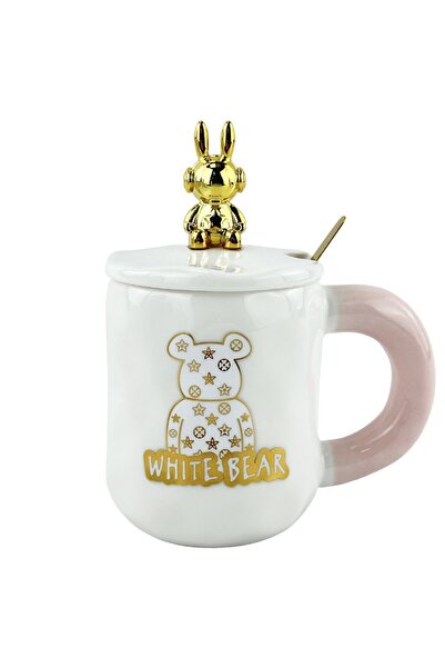 OEM Λευκή κεραμική κούπα με κουτάλι και καπάκι  "Λευκή αρκούδα "
