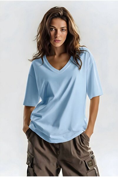 E-ROMA Τυπωμένο μπλουζάκι με λαιμόκοψη V, oversized, unisex 1VQ3