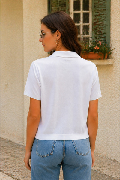GAFE MODA Kisakollu Fularli Polo Collar Tricot T-Shirt