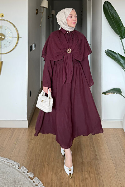 Tesettür Diyarı Σετ Τουλ Μοντάλ με Κάπα και Καρφίτσα - Βουργουνδί