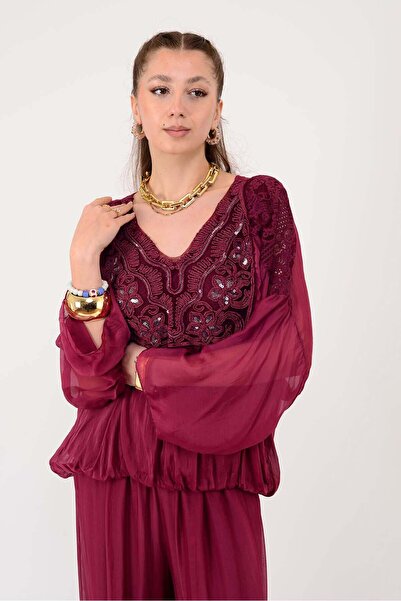 Park Moda SN1023 ΜΕΤΑΞΩΤΗ ΜΠΛΟΥΖΑ ΜΕ ΔΙΑΚΟΣΜΗΣΗ ΑΠΟ ΔΑΝΤΕΛΑ ΓΚΟΥΠΟΥΡ ΚΑΙ ΠΑΓΙ...