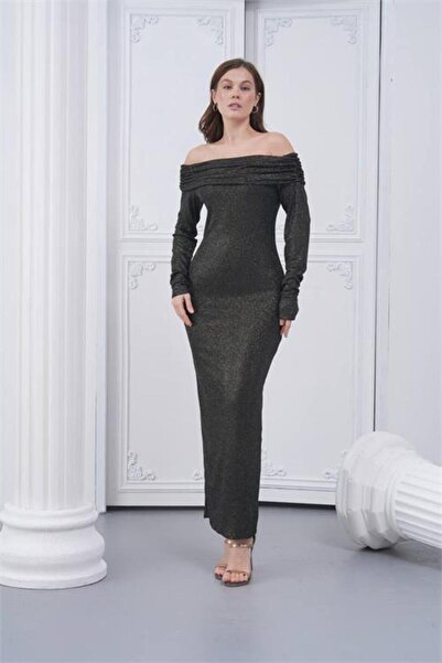 Neşeli Butik Γυναικείο χρυσό βραδινό φόρεμα με λαιμόκοψη σκάφος, μάξι μήκος, ...