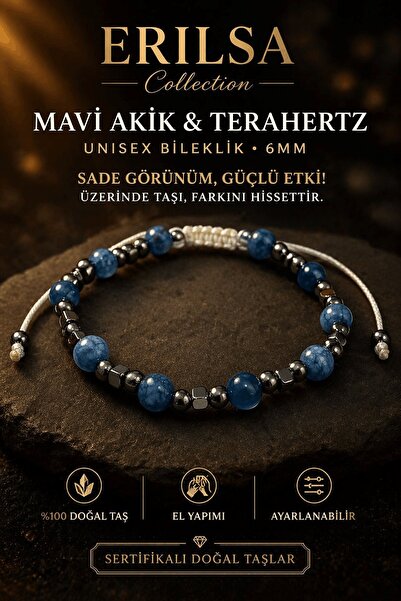 Erilsa Certified Blue Agate Terahertz Bracelet - 6 mm Natural Stone Unisex Ad...