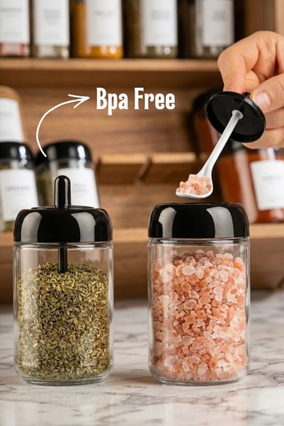 GİNZAMAİSON طقم توابل زجاجي طويل مع ملعقة مدمجة 12 قطعة 300 مل - مع غطاء - خالٍ من مادة BPA