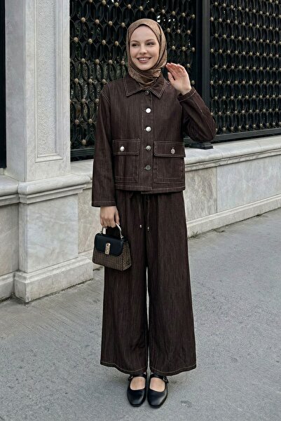 InStyle Σετ τζιν με τσέπες σε άγχοστο καφέ χρώμα