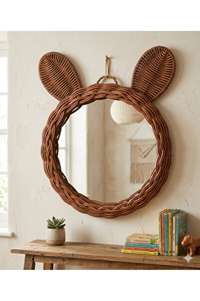 Niobehome El Örgüsü Çocuk Odası Aynası 25cm- Rattan Kahverengi, Kulaklı Dekor...