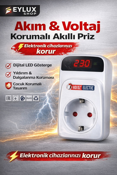 EyluX Shop Tekli Dijital Led Göstergeli Çocuk Korumalı Akım Korumalı Yıldırım...