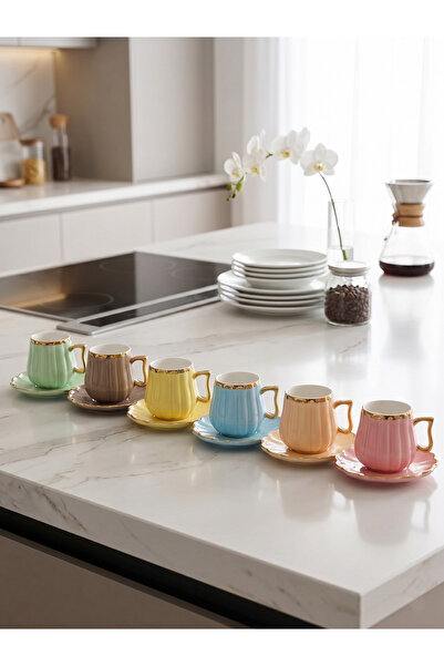 DS Home&Design Rainbow Pastel Serisi - 6 Renk 6 Kişilik Lüks Kahve Fincan Takımı