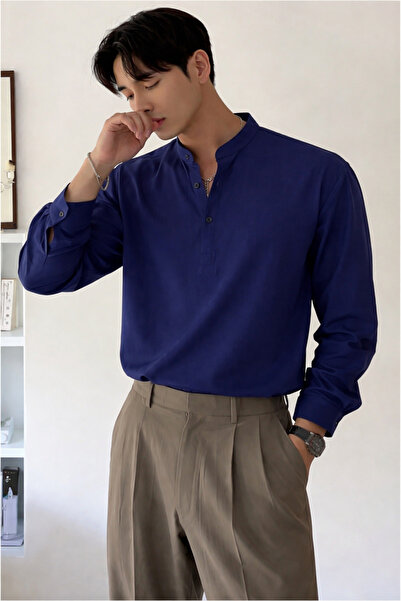 BLUE STREET Linen Blend 3-Button Stand-Up Collar Men's Shirt Slim Fit Summer ...