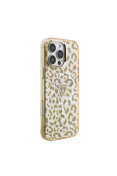 Guess iPhone 16 Pro Max Kılıf Lisanslı M-safeli Üçgen Logolu Simli Leopar Des...