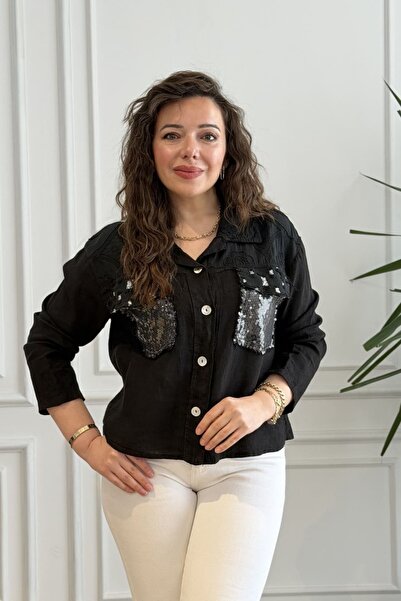 yb yağmur butik Λινό πουκάμισο με λεπτομέρειες από πούλιες και διπλές τσέπες ...