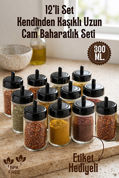GİNZAMAİSON 12'li Kendinden Kaşıklı Uzun Cam Baharatlık Seti 300 ml - Kapaklı...