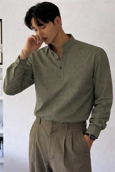 COOL TARZ Ανδρικό πουκάμισο από λινό μείγμα με 3 κουμπιά και γιακά, σε στενή ...