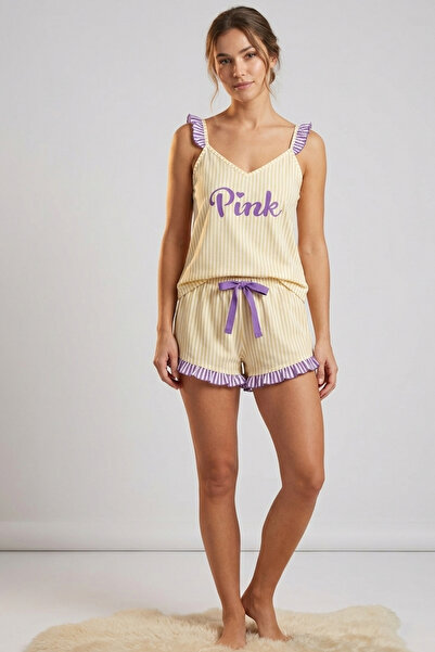 İPEKTENİM Pink Yazı Baskılı Kontrast Renk Fırfırlı Çizgili Şort Pijama Takımı