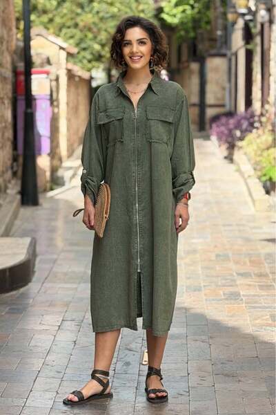 Nevin Kaya Moda Khaki Zippered 100% Cotton Dress