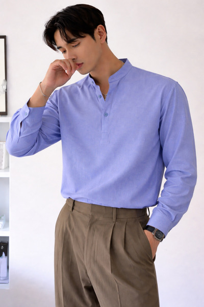 Tarz Cool Linen Blend 3-Button Stand-Up Collar Men's Shirt Slim Fit Summer St...