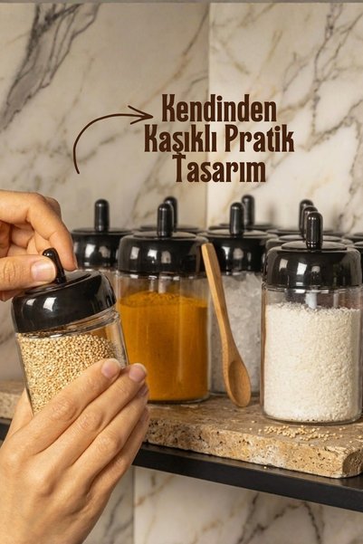 GİNZAMAİSON طقم توابل زجاجي طويل مع ملعقة مدمجة 12 قطعة 300 مل - مع غطاء - خالٍ من مادة BPA
