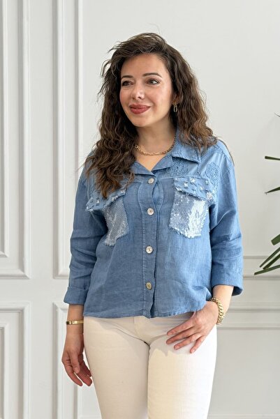 yb yağmur butik Λινό πουκάμισο με λεπτομέρειες από πούλιες και διπλές τσέπες ...