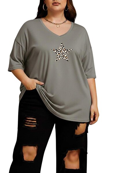 DM DOLCE MORE Leopard Star Printed V-Neck Plus Size Oversize T-Shirt 2Cz1