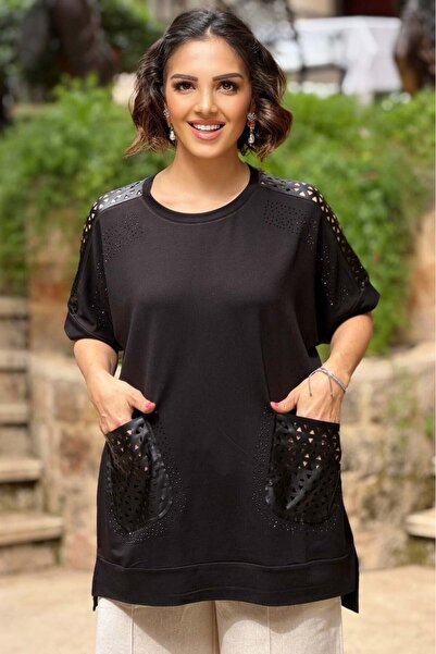 Nevin Kaya Moda Μαύρη δερμάτινη μπλούζα με διακοσμήσεις κομμένες με λέιζερ