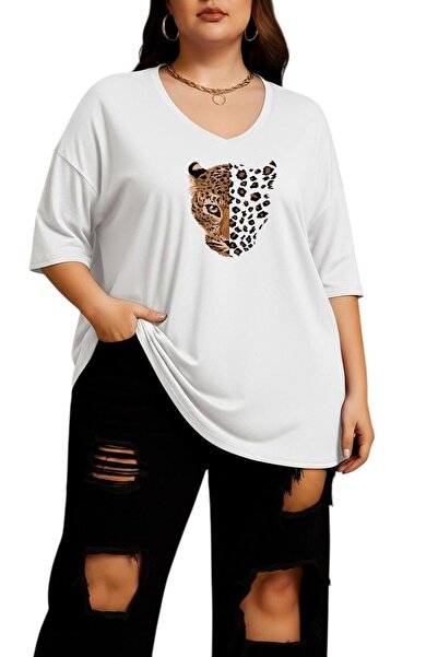 BENROMA Μπλουζάκι με λεοπάρ σχέδιο, λαιμόκοψη V, μεγάλο μέγεθος, oversize 2CZ3