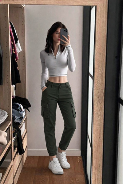 hacker Women's High Waist Cargo Pocket Elastic Khaki Jogger Pants