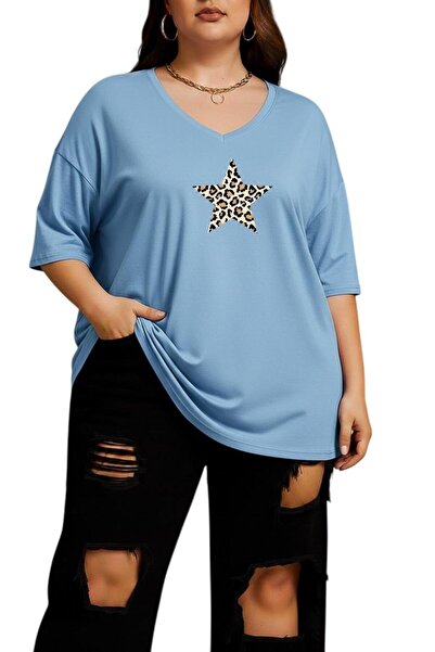 E-ROMA Μπλουζάκι με στάμπα λεοπάρ αστέρια, με λαιμόκοψη V, μεγάλο μέγεθος 2CZ1