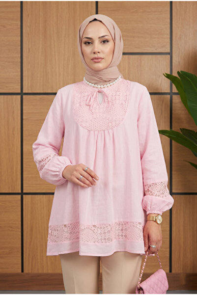 SADEL Dantel Dokunuşlu Bağlamalı Gömlek - Pembe