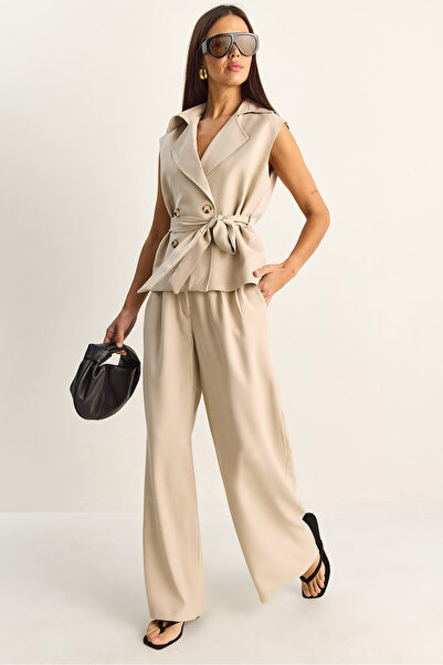 Bianco Lucci Γυναικείο Κλασικό Γιλέκο με Διπλό Γιακά και Ζώνη, Ψηλόμεσο Παντε...