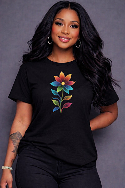 VODEXA Tricou oversize pentru femei, cu imprimeu COLORFUL FLOWER, 100% bumbac...