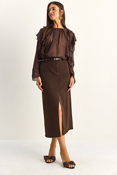 Bianco Lucci Γυναικεία φούστα μίντι με ψηλή μέση, λεπτομέρεια σκίσιμο μπροστά...