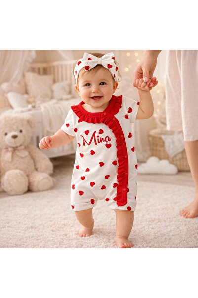BY TUNA DESİGN İsme Özel Kız Bebek Tulum ve Bandana – Kalpli Fırfırlı Yazlık ...