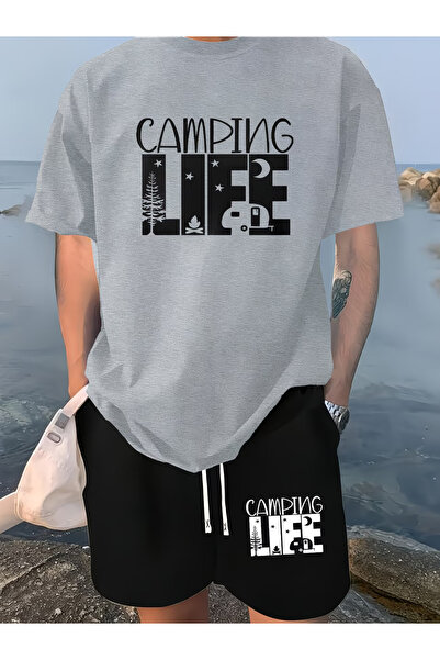 Nivorix طقم مطبوع عليه CAMPING، طقم شورت وتي شيرت