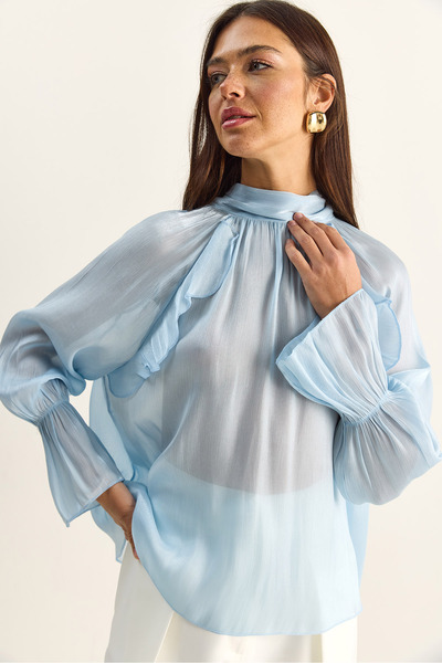 Bianco Lucci Γυναικεία μπλούζα με βολάν, λεπτομερή λεπτομέρεια, όρθιο γιακά, ...